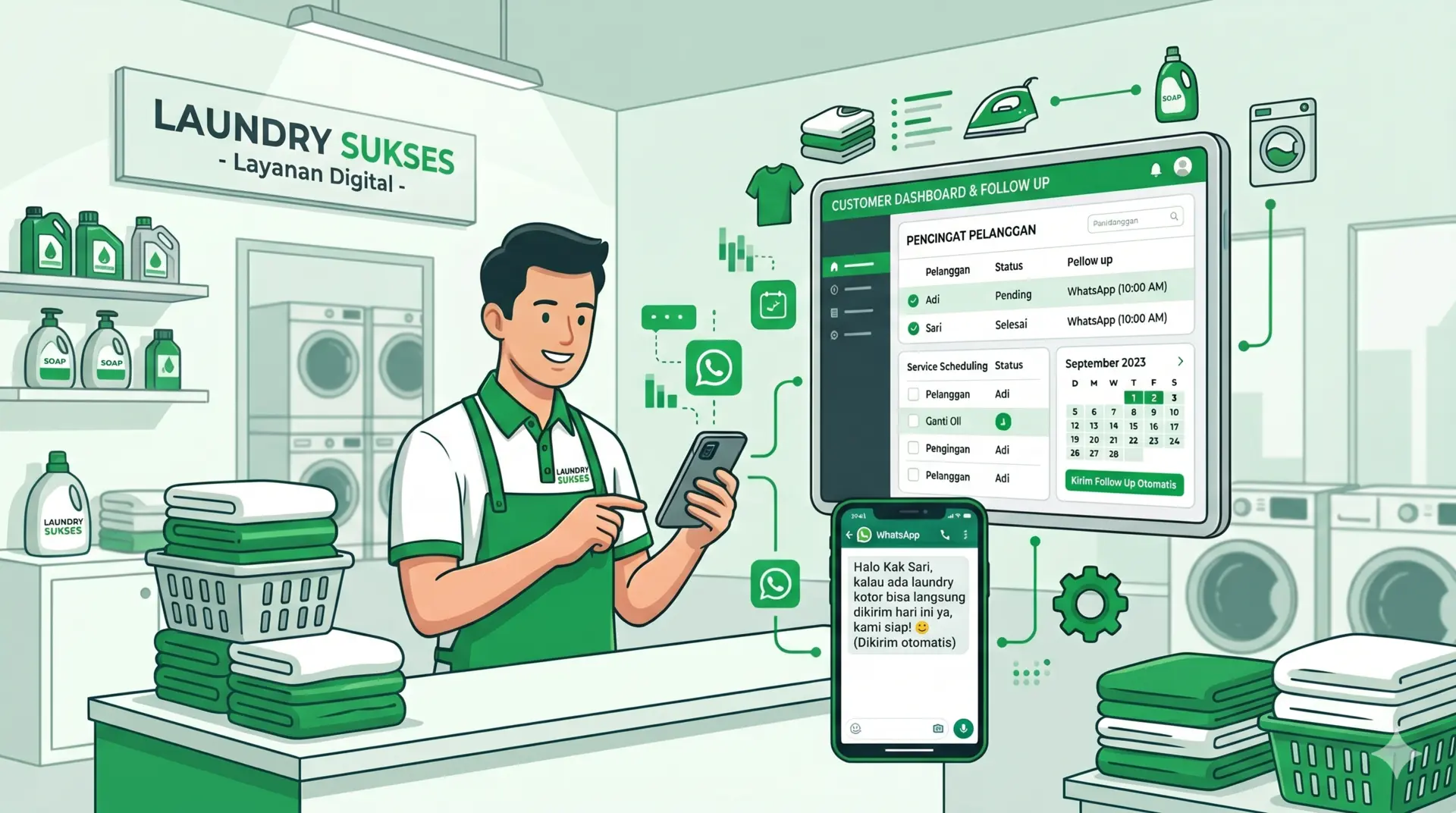 Ilustrasi bisnis laundry melakukan follow up pelanggan melalui WhatsApp