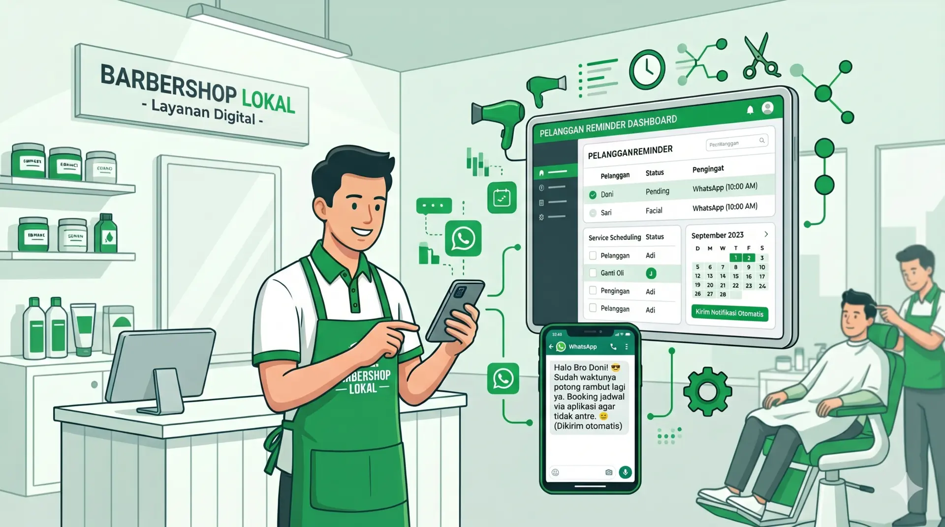 Ilustrasi barbershop mengirim reminder pelanggan melalui WhatsApp