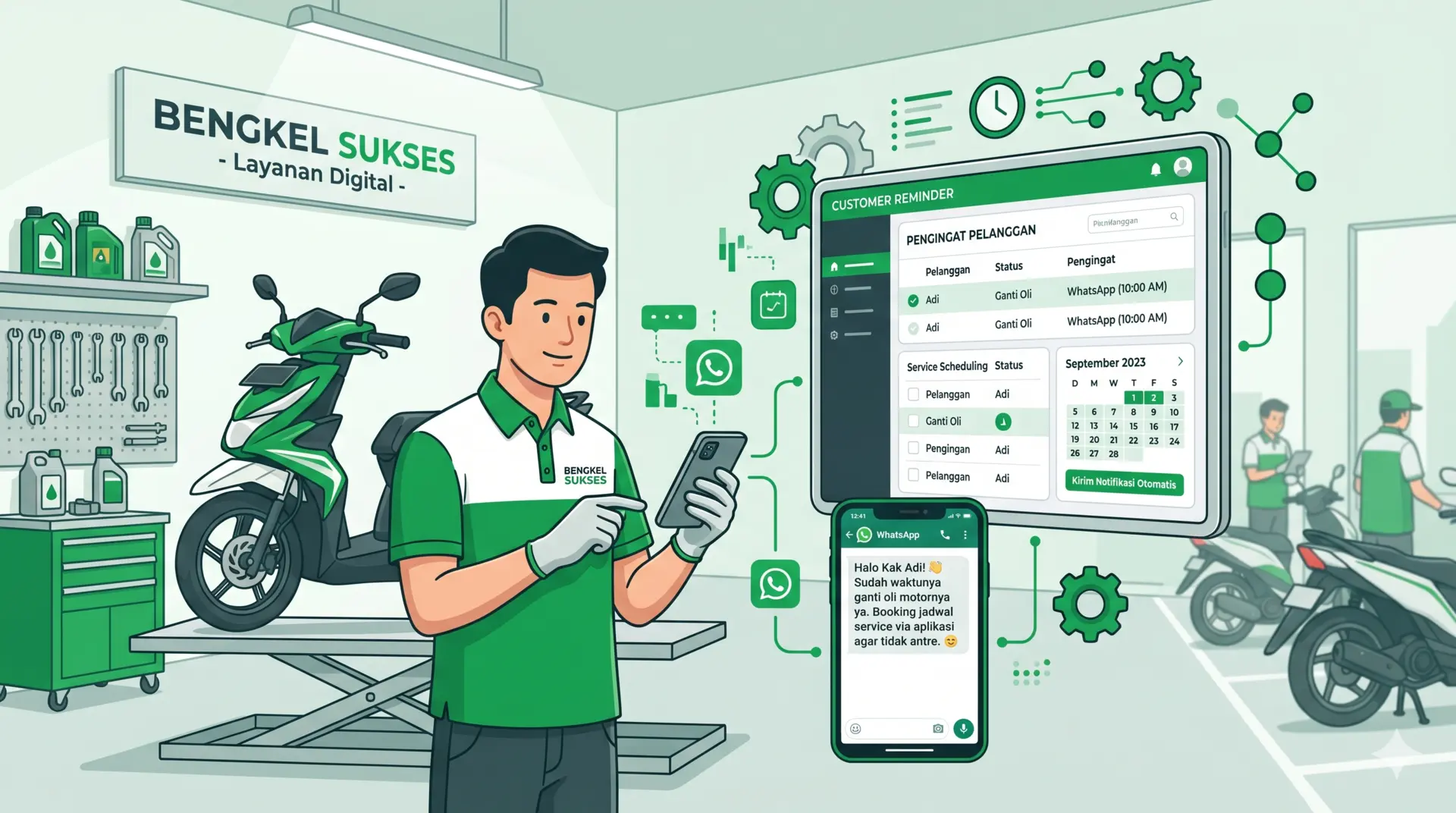 Ilustrasi bengkel mengirim reminder service pelanggan melalui WhatsApp