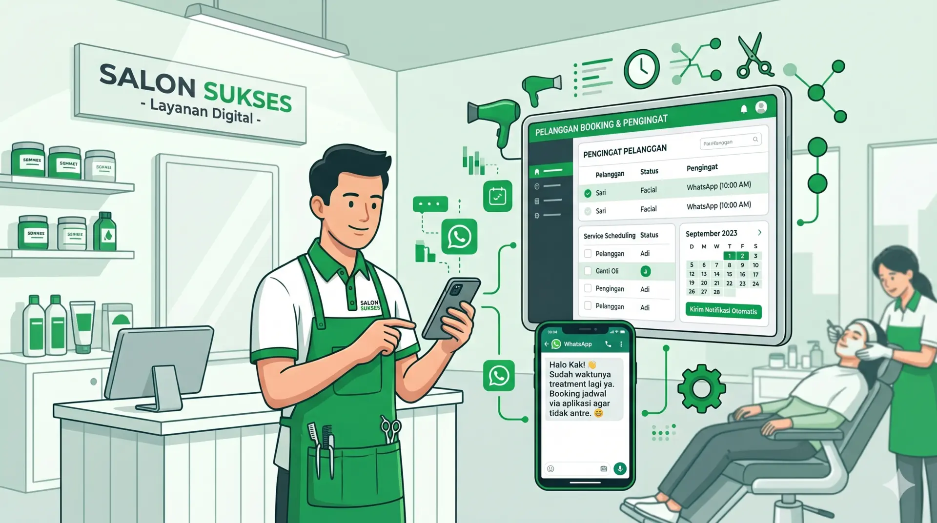 Ilustrasi salon mengirim reminder booking pelanggan melalui WhatsApp