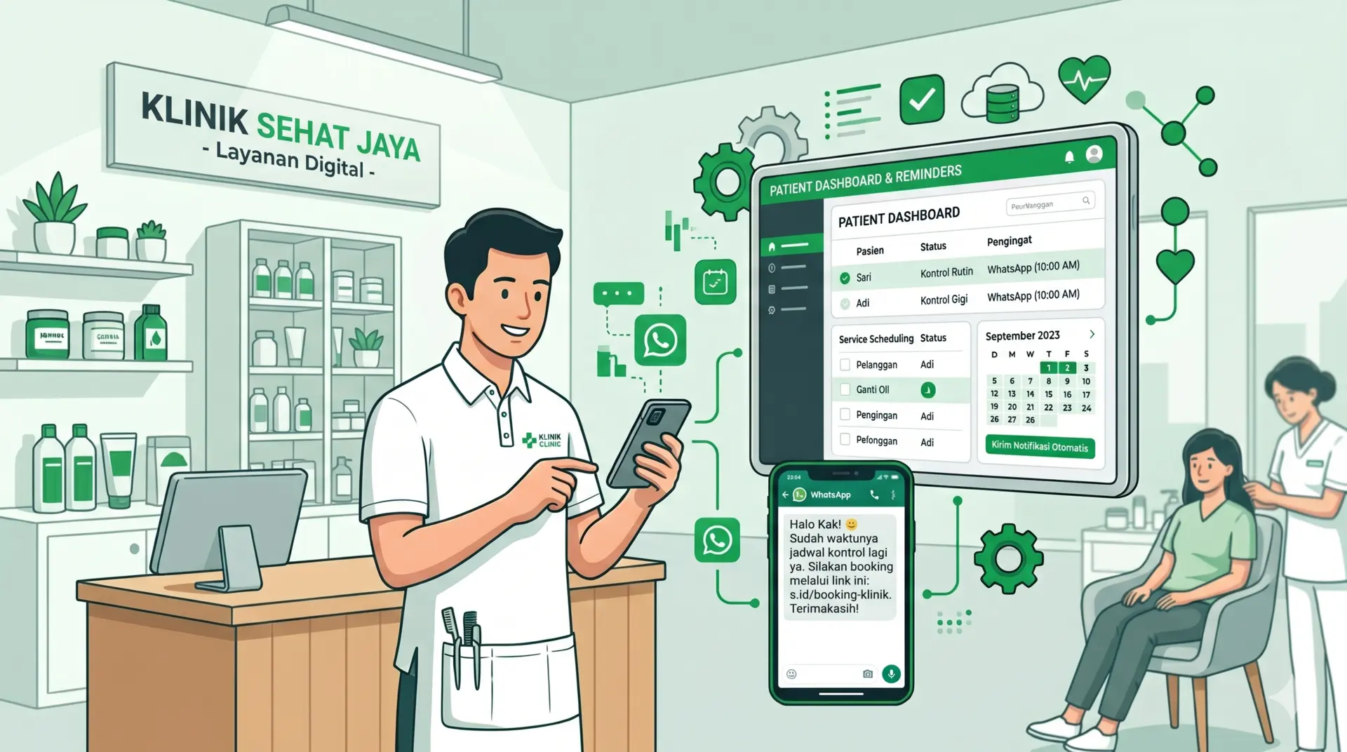 Ilustrasi klinik mengirim reminder kontrol pasien melalui WhatsApp