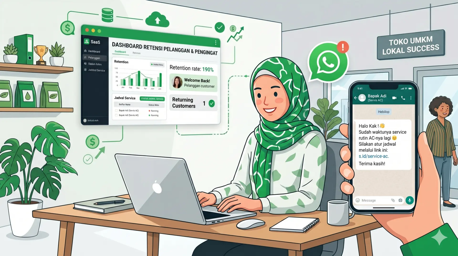 Ilustrasi bisnis lokal menggunakan WhatsApp untuk menjaga pelanggan